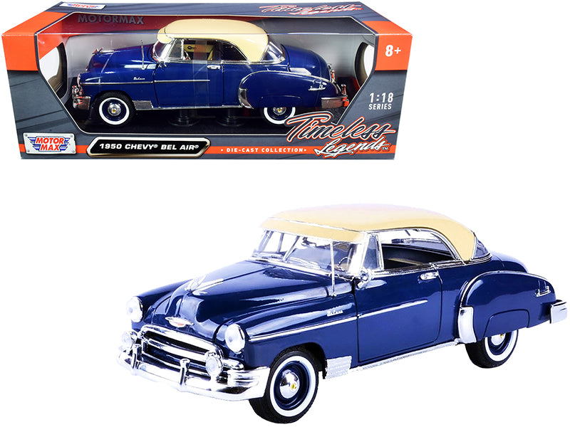 1950 Chevrolet Bel Air Dark Blue with Cream Top Timeless Legends 1/18 Diecast Model Car by Motormax