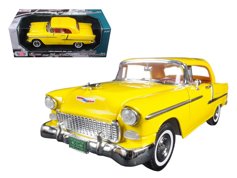 1955 Chevrolet Bel Air Convertible Soft Top Yellow Timeless Classics 1/18 Diecast Model Car by Motormax