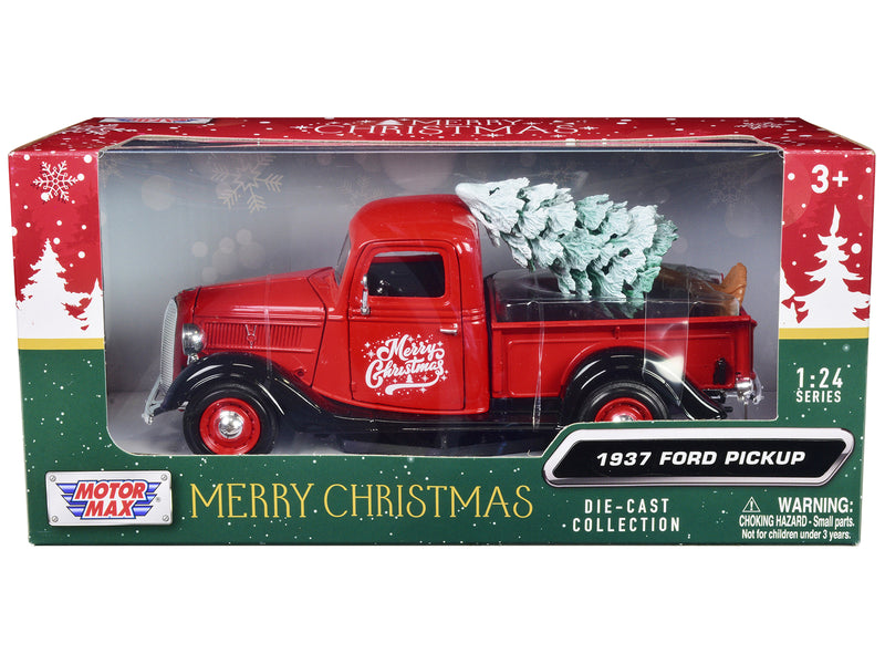 1937 Ford Pickup Truck Red and Black Merry Christmas with Tree Accessory 1/24 Diecast Model Car by Motormax