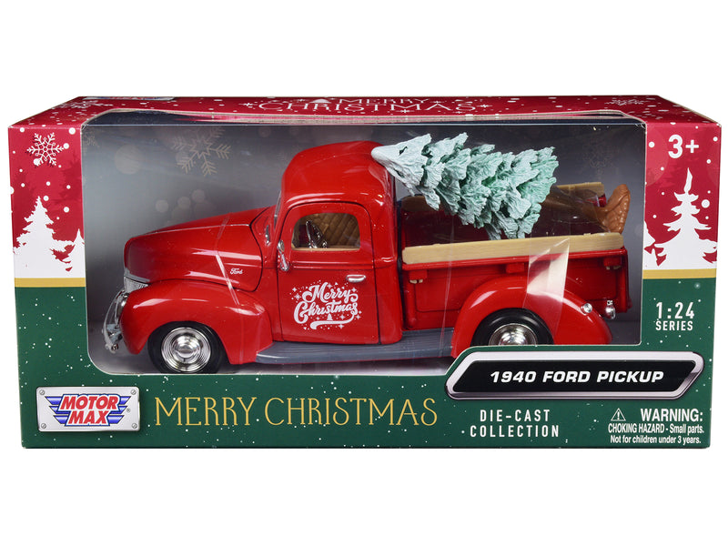 1940 Ford Pickup Truck Red Merry Christmas with Tree Accessory 1/24 Diecast Model Car by Motormax