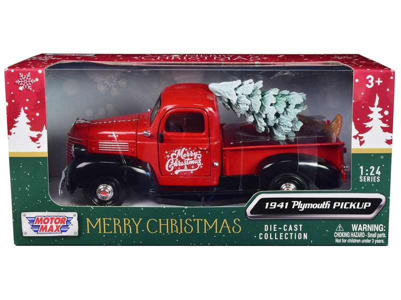 1941 Plymouth Pickup Truck Red and Black Merry Christmas with Tree Accessory 1/24 Diecast Model Car by Motormax