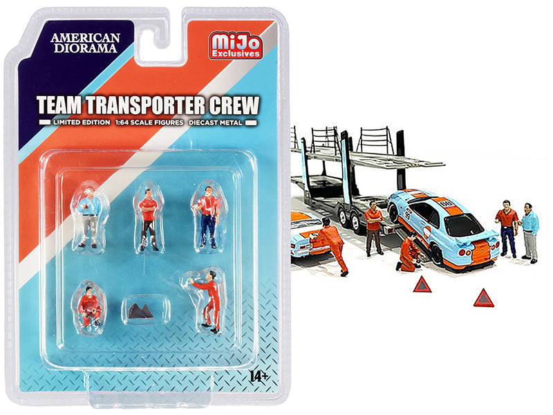 Team Transporter Crew Diecast Set of 6 pieces (5 Figurines and 2 Warning Triangles) for 1/64 Scale Models by American Diorama