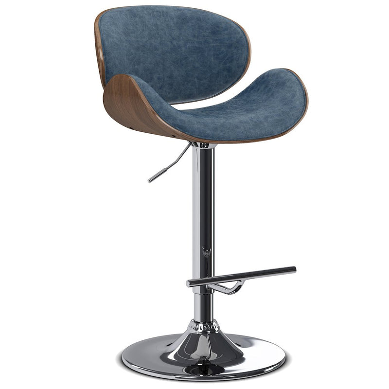 Adjustable Swivel Bar Stool In Distressed Blue Vegan Faux Leather