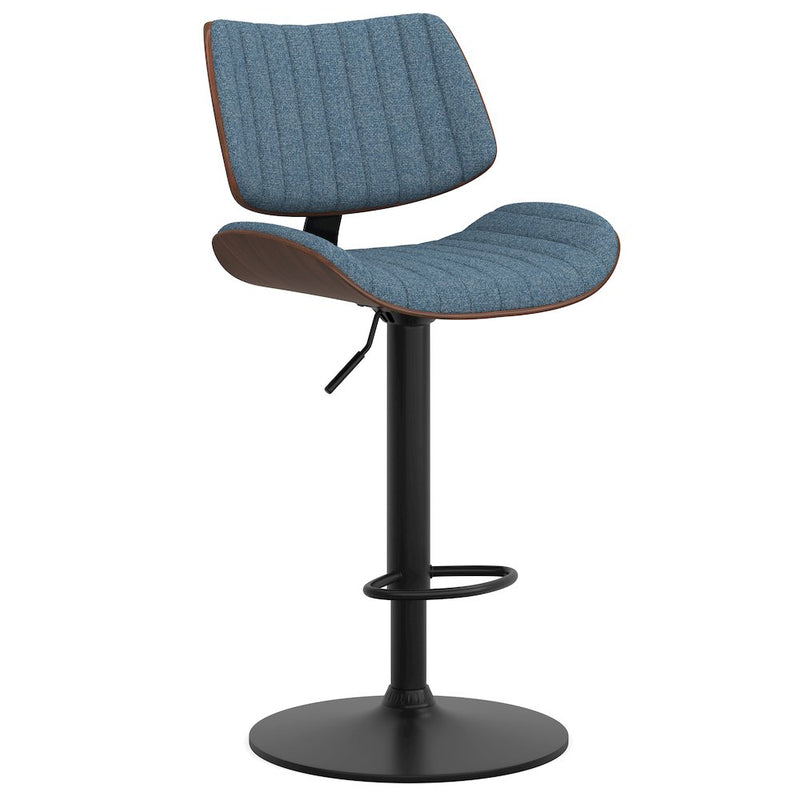 Novak Adjustable Swivel Bar Stool In Denim Blue Woven Polyester Fabric