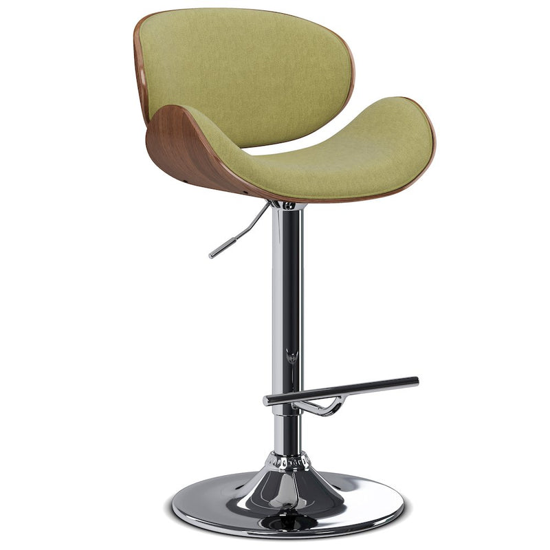 Marana Bentwood Adjustable Swivel Bar Stool In Acid Green Polyester Linen Fabric