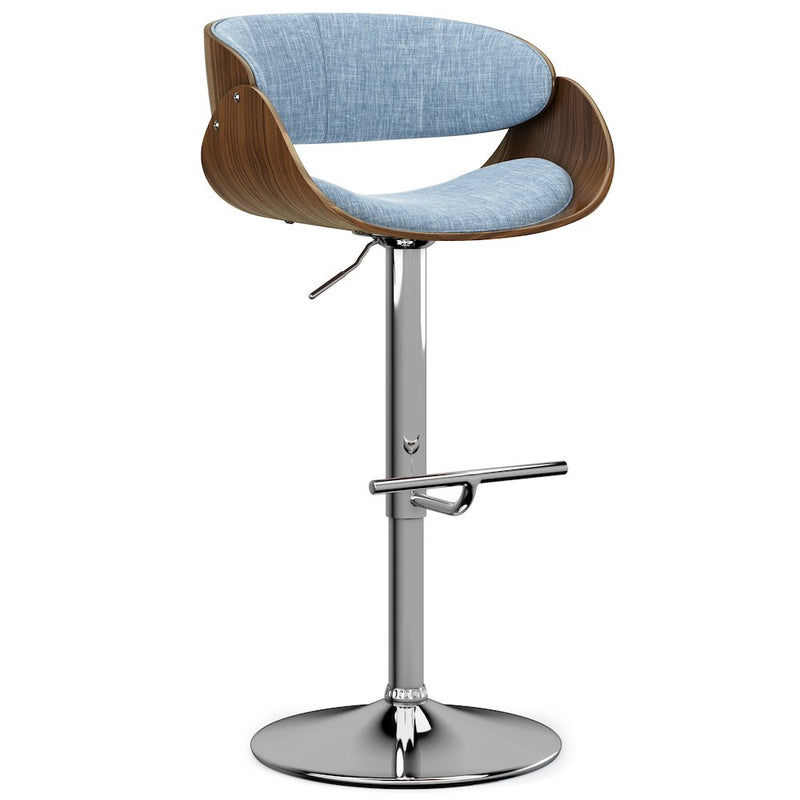 Amery Adjustable Swivel Bar Stool In Denim Blue Linen Look Fabric