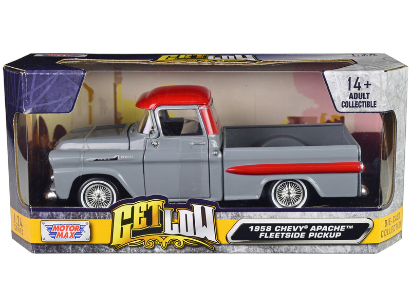 1958 Chevrolet Apache Fleetside Pickup Truck Lowrider Gray with Red Top Get Low Series 1/24 Diecast Model Car by Motormax