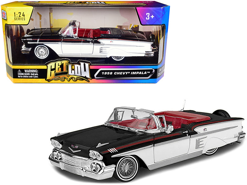 1958 Chevrolet Impala Convertible Lowrider Black and White with Red Interior Get Low Series 1/24 Diecast Model Car by Motormax