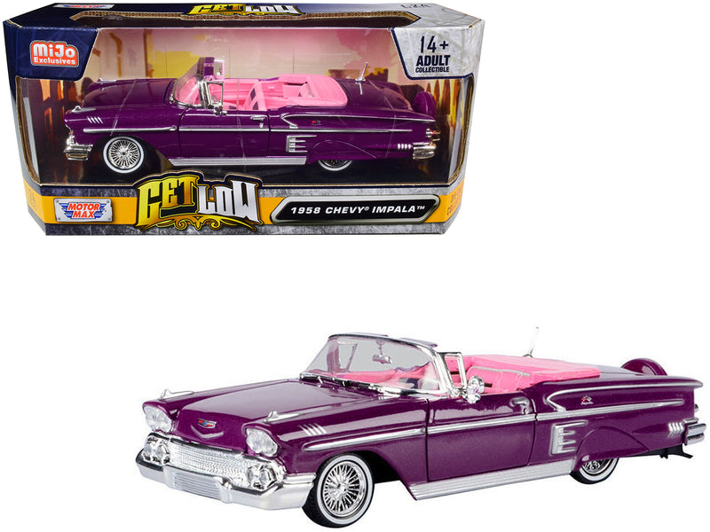 1958 Chevrolet Impala Convertible Lowrider Purple Metallic with Pink Interior Get Low Series 1/24 Diecast Model Car by Motormax