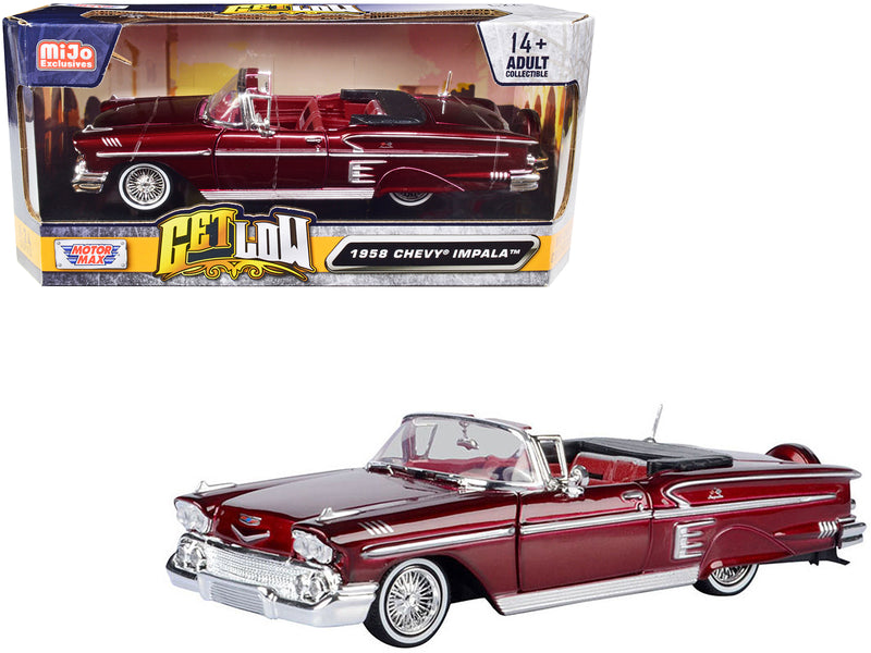 1958 Chevrolet Impala Convertible Lowrider Dark Red Metallic with Red Interior Get Low Series 1/24 Diecast Model Car by Motormax