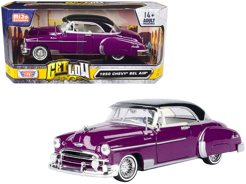 1950 Chevrolet Bel Air Lowrider Purple Metallic with Black Top and White Interior Get Low Series 1/24 Diecast Model Car by Motormax