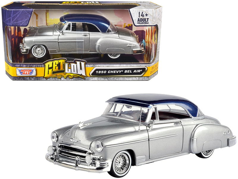 1950 Chevrolet Bel Air Lowrider Silver Metallic with Blue Metallic Top Get Low Series 1/24 Diecast Model Car by Motormax