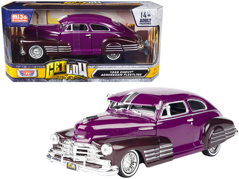 1948 Chevrolet Aerosedan Fleetside Lowrider Purple Metallic and Dark Purple Metallic Two-Tone Get Low Series 1/24 Diecast Model Car by Motormax