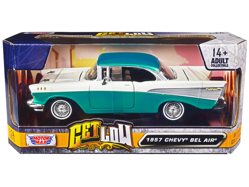 1957 Chevrolet Bel Air Lowrider Turquoise Metallic and White Get Low Series 1/24 Diecast Model Car by Motormax