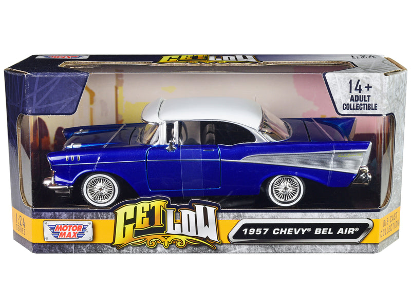 1957 Chevrolet Bel Air Lowrider Candy Blue with White Top Get Low Series 1/24 Diecast Model Car by Motormax