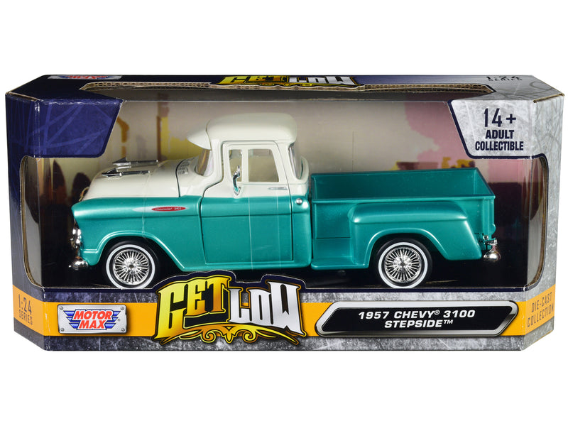 1957 Chevrolet 3100 Stepside Pickup Truck Lowrider Turquoise Metallic and White with White Interior Get Low Series 1/24 Diecast Model Car by Motormax