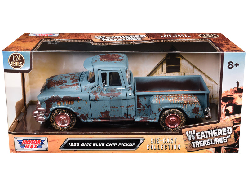 1955 GMC Blue Chip Pickup Truck Matt Blue (Rusted) Weathered Treasures Series 1/24 Diecast Model Car by Motormax