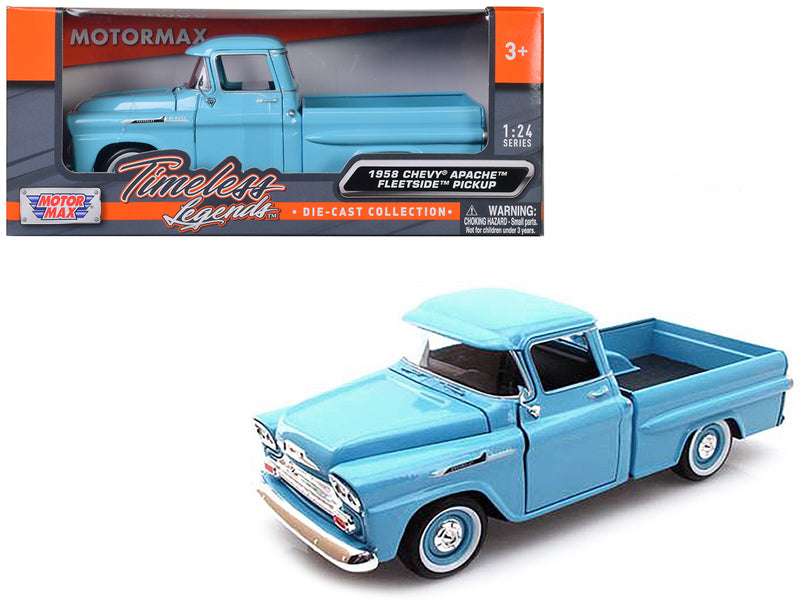 1958 Chevrolet Apache Fleetside Pickup Truck Light Blue 1/24 Diecast Model Car by Motormax