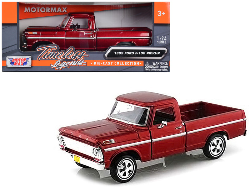 1969 Ford F-100 Pickup Truck Burgundy 1/24 Diecast Model Car by Motormax