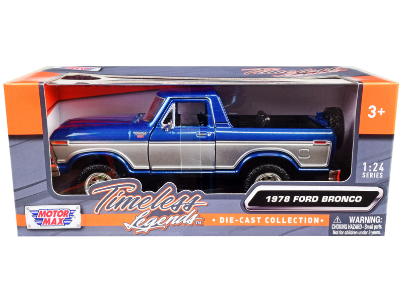 1978 Ford Bronco Ranger XLT (Open Top) with Spare Tire Blue Metallic and Silver "Timeless Legends" Series 1/24 Diecast Model Car by Motormax