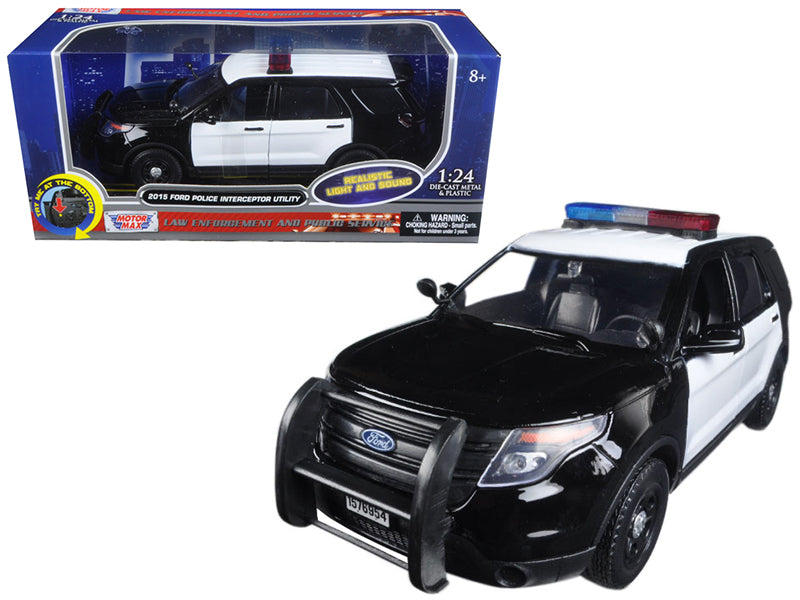 2015 Ford Police Interceptor Utility Black and White with Flashing Light Bar and Front and Rear Lights and 2 Sounds 1/24 Diecast Model Car by Motormax