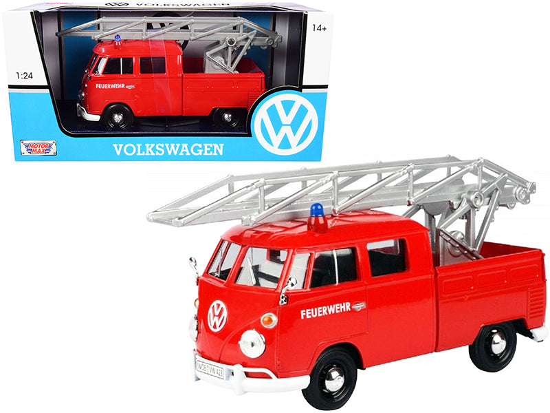 Volkswagen Type 2 (T1) Fire Truck with Aerial Ladder Feuerwehr Red 1/24 Diecast Model Car by Motormax