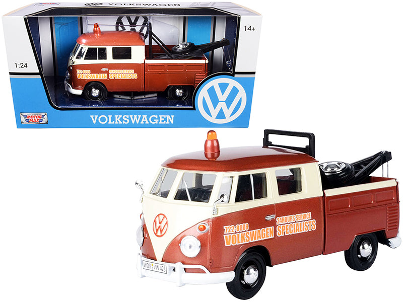 Volkswagen Type 2 (T1) Tow Truck Volkswagen Specialists Brown Metallic and Cream 1/24 Diecast Model Car by Motormax