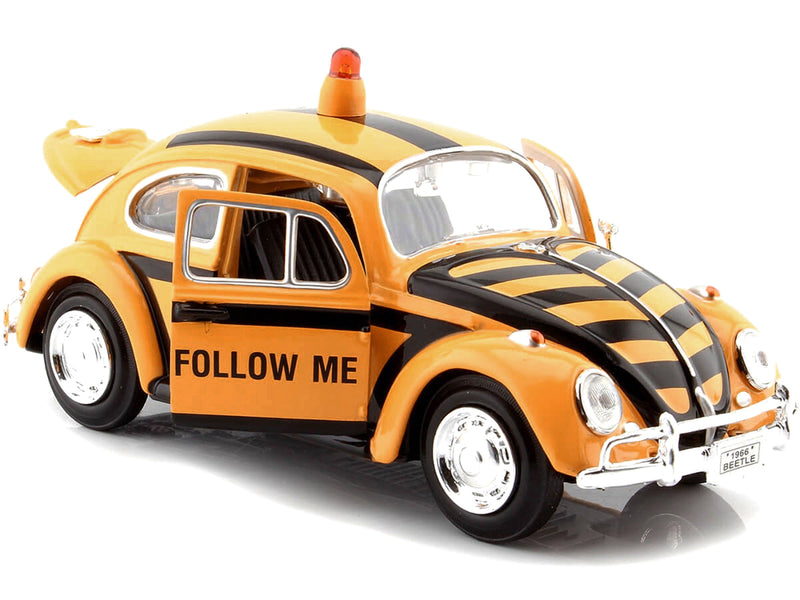 1966 Volkswagen Beetle Follow Me Airport Safety Vehicle Yellow with Black Stripes 1/24 Diecast Model Car by Motormax