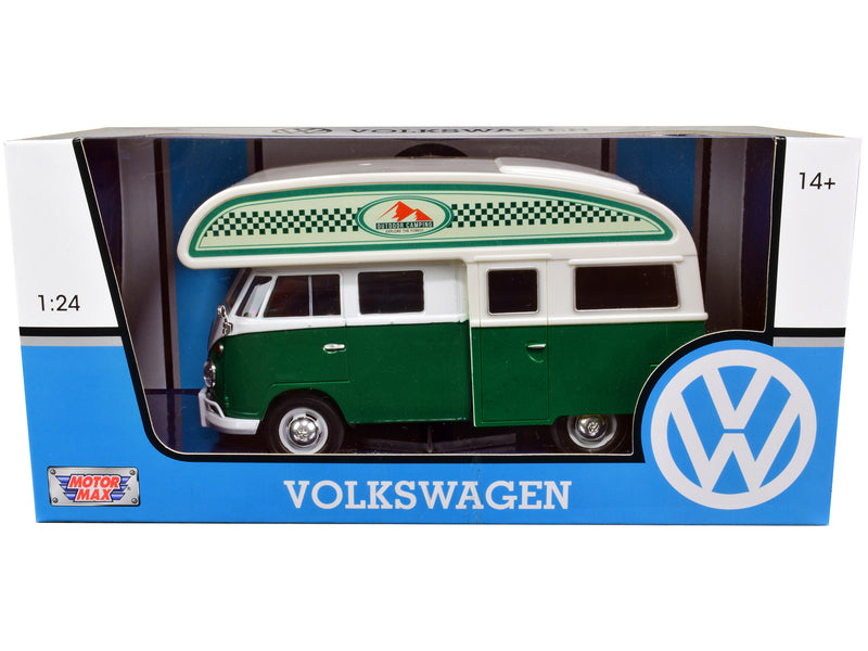 Volkswagen Type 2 (T1) Camper Van Green and White Outdoor Camping Explore the Forest 1/24 Diecast Model Car by Motormax