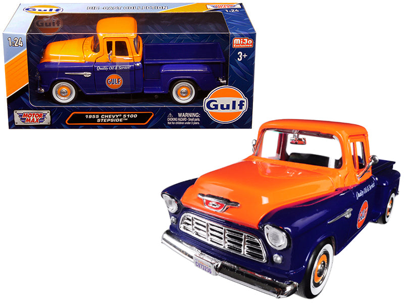 1955 Chevrolet 5100 Stepside Pickup Truck Gulf Dark Blue and Orange 1/24 Diecast Model Car by Motormax