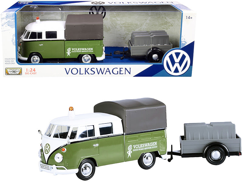 Volkswagen T1 Pickup with Canopy Green and White with Trailer Road Service 1/24 Diecast Model Car by Motormax