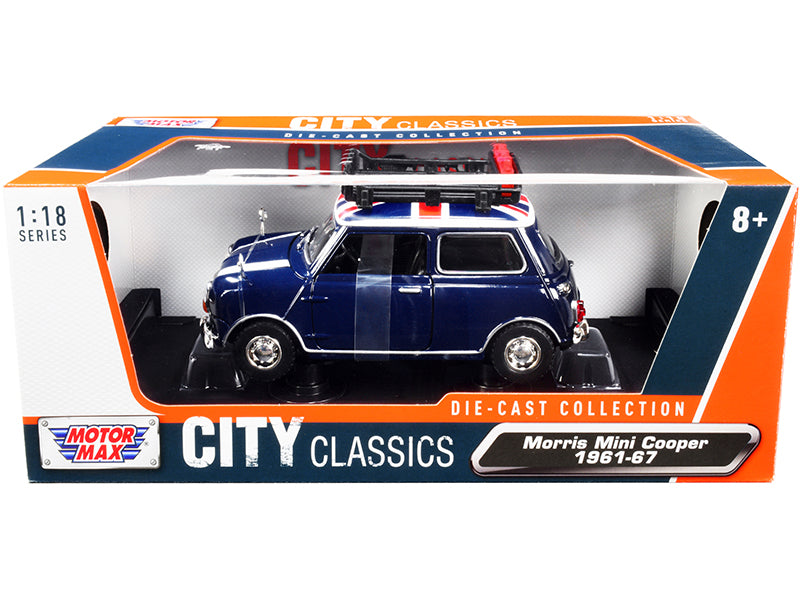 1961-1967 Morris Mini Cooper RHD (Right Hand Drive) Dark Blue with British Flag on the Top and Roof Rack City Classics Series 1/18 Diecast Model Car by Motormax