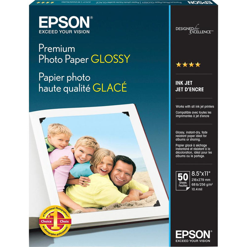 Epson Premium Photo Glossy InkJet Paper - 92 Brightness - 97% Opacity - Letter - 8 1/2  x 11  - 68 lb Basis Weight - High Gloss - 50 / Pack - White