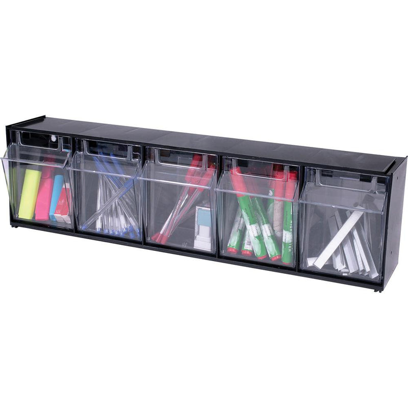 Deflecto Tilt Bin Interlocking Multi-Bin Storage Organizer - 5 Compartment(s) - 6.5  Height x 23.6  Width x 5.3  Depth - Interlockable - Black - Plastic - 1 Each