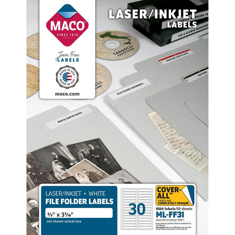 Maco Assorted Laser/Inkjet File Folder Labels - 43/64  Width x 3 7/16  Length - Permanent Adhesive - Inkjet, Inkjet - White - 30 / Sheet - 1500 / Box