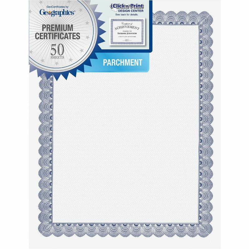 Geographics Conventional Blue Certificate - 24 lb Basis Weight - 11  x 8.5  - Inkjet, Laser Compatible - Blue with White Border - Parchment Paper - 50 / Pack