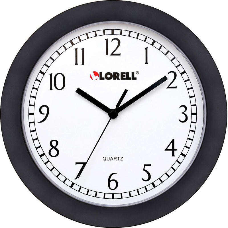 Lorell 9" Round Wall Clock - Analog - Quartz - White Main Dial - Black/Plastic Case