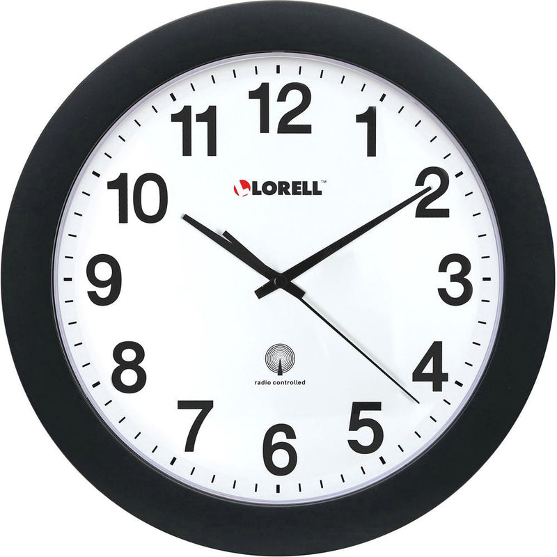 Lorell 12" Round Radio-Controlled Wall Clock - Analog - Quartz - White Main Dial - Black/Plastic Case