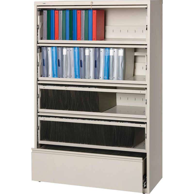 Lorell Fortress Lateral File with Roll-Out Shelf - 42" x 18.6" x 68.8" - 5 x Drawer(s) for File - Legal, Letter, A4 - Recessed Handle, Ball-bearing Suspension, Leveling Glide, Heavy Duty, Interlocking