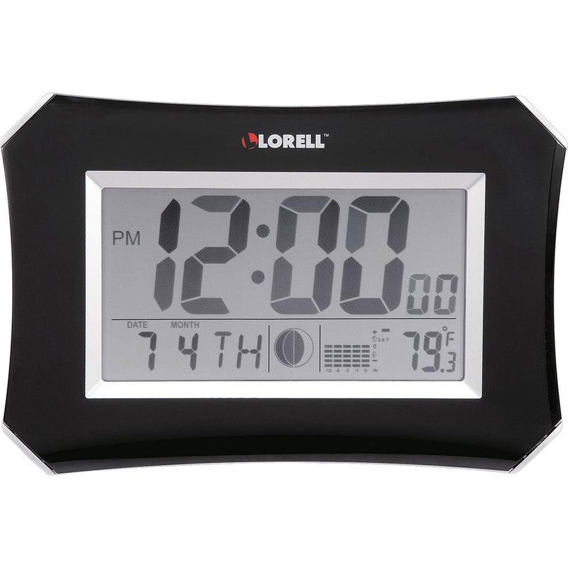 Lorell LCD Wall/Alarm Clock - Digital - Quartz - LCD - Black Main Dial - Silver/Plastic Case