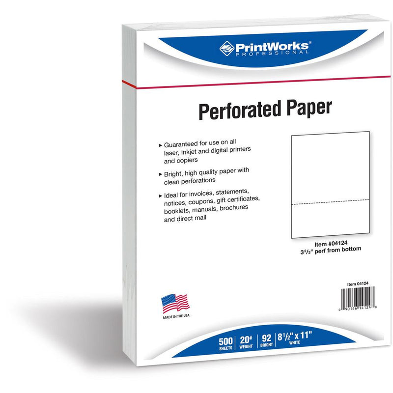 PrintWorks Professional Pre-Perforated Paper for Invoices, Statements, Gift Certificates & More - Letter - 8 1/2  x 11  - 20 lb Basis Weight - Smooth - 500 / Ream - Perforated - White