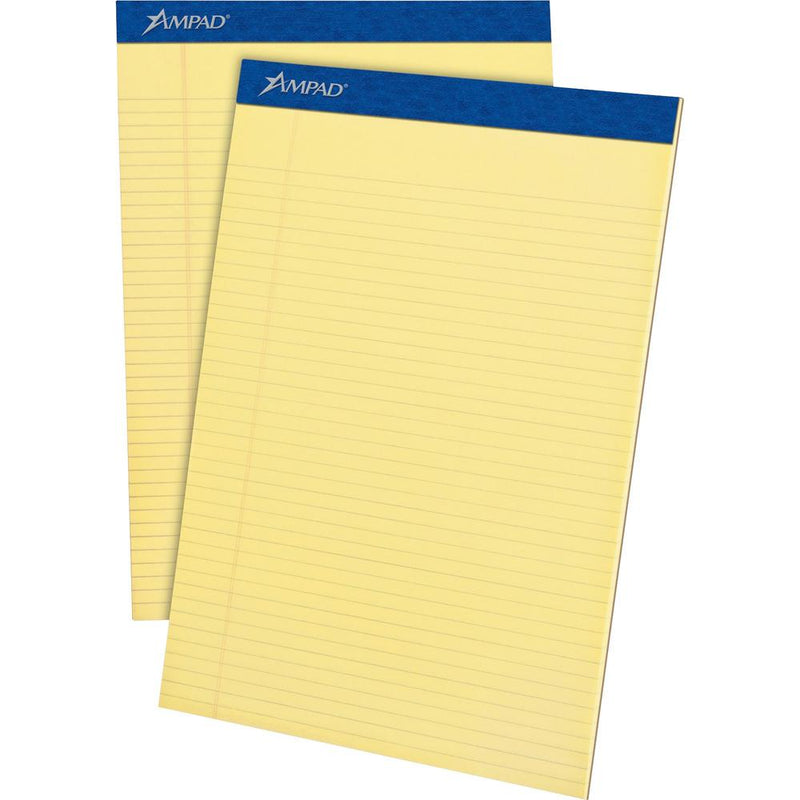 Ampad Writing Pad - 50 Sheets - Stapled - 0.25  Ruled - 15 lb Basis Weight - Letter - 8 1/2  x 11 8.5  x 11.8  - Canary Paper - Dark Blue Binding - Micro Perforated, Chipboard Backing, Sturdy Back, Te