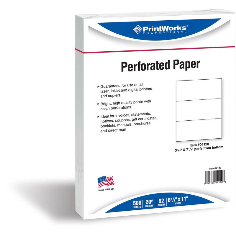 PrintWorks Professional Pre-Perforated Paper for Invoices, Statements, Gift Certificates & More - Letter - 8 1/2  x 11  - 20 lb Basis Weight - 500 / Ream - Sustainable Forestry Initiative (SFI) - Perf