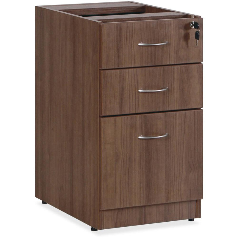 Lorell Essentials Series Box/Box/File Fixed File Cabinet - 15.5" x 21.9"28.5" Pedestal - 3 x File, Box Drawer(s) - Finish: Laminate, Walnut - Built-in Hangrail - For File, File Folder