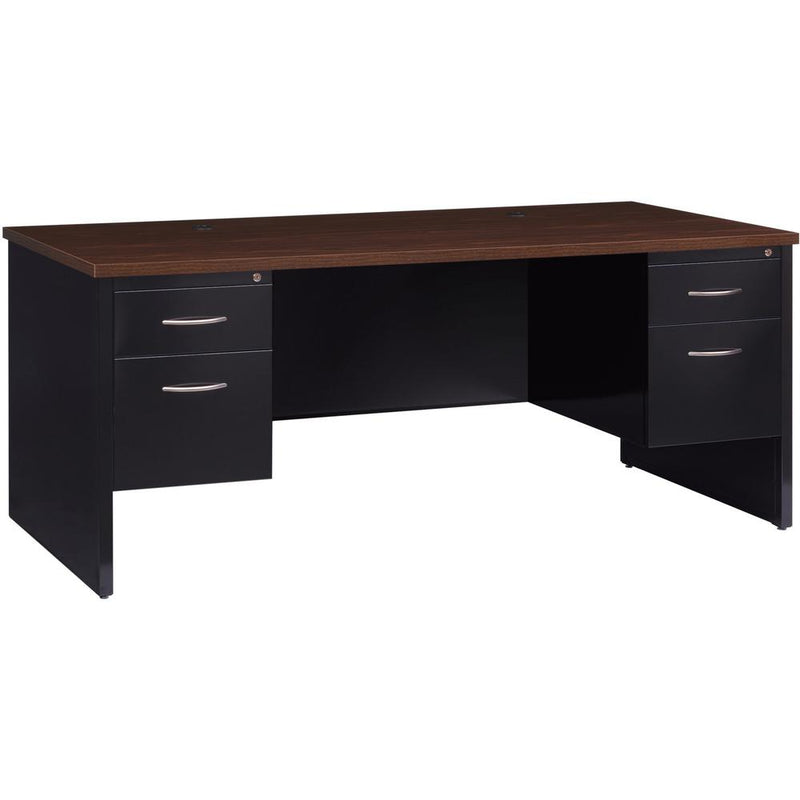 Lorell Fortress Modular Series Double-Pedestal Desk - 72" x 36" , 1.1" Top - 2 x Box, File Drawer(s) - Double Pedestal - Material: Steel - Finish: Walnut Laminate, Black - Scratch Resistant, Stain Res