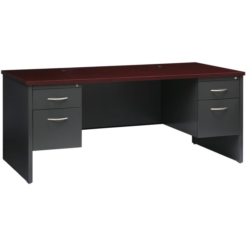 Lorell Fortress Modular Series Double-Pedestal Desk - 72" x 36" , 1.1" Top - 2 x Box, File Drawer(s) - Double Pedestal - Material: Steel - Finish: Mahogany Laminate, Charcoal - Scratch Resistant, Stai