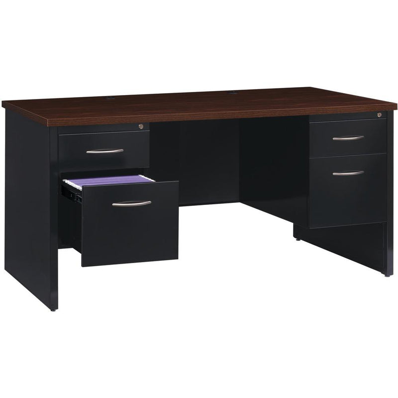 Lorell Fortress Modular Series Double-Pedestal Desk - 60" x 30" , 1.1" Top - 4 x Box, File Drawer(s) - Double Pedestal - Material: Steel - Finish: Walnut Laminate, Black - Scratch Resistant, Stain Res