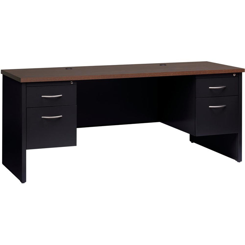 Lorell Walnut Laminate Commercial Steel Double-pedestal Credenza - 2-Drawer - 72" x 24" , 1.1" Top - 2 x Box, File Drawer(s) - Double Pedestal - Material: Steel - Finish: Walnut Laminate, Black