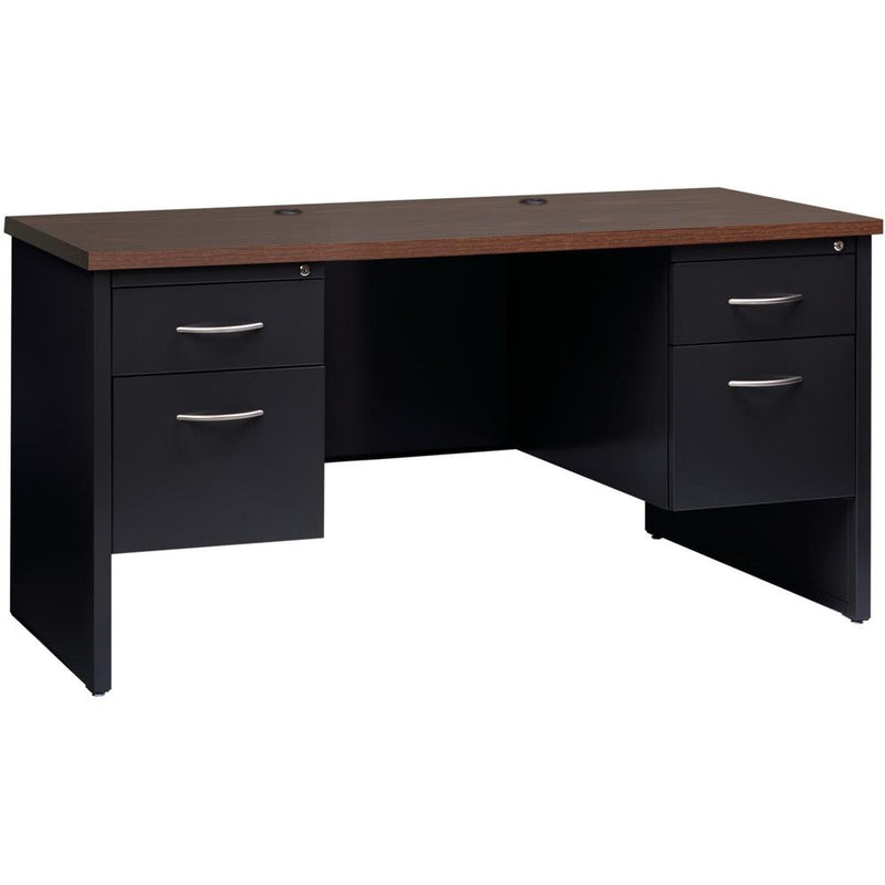 Lorell Fortress Modular Series Double-pedestal Credenza - 60" x 24" , 1.1" Top - 2 x Box, File Drawer(s) - Double Pedestal - Material: Steel - Finish: Walnut Laminate, Black - Scratch Resistant, Stain