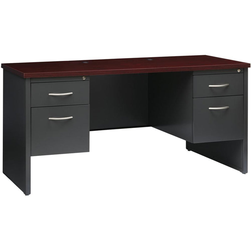 Lorell Fortress Modular Series Double-pedestal Credenza - 60" x 24" , 1.1" Top - 2 x Box, File Drawer(s) - Double Pedestal - Material: Steel - Finish: Mahogany Laminate, Charcoal - Scratch Resistant,